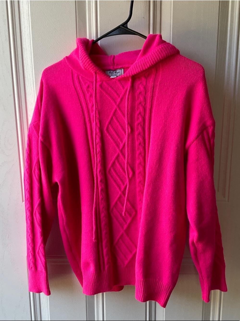 Ali Ro Neon Pink Cable-Knit Hoodie Sweater